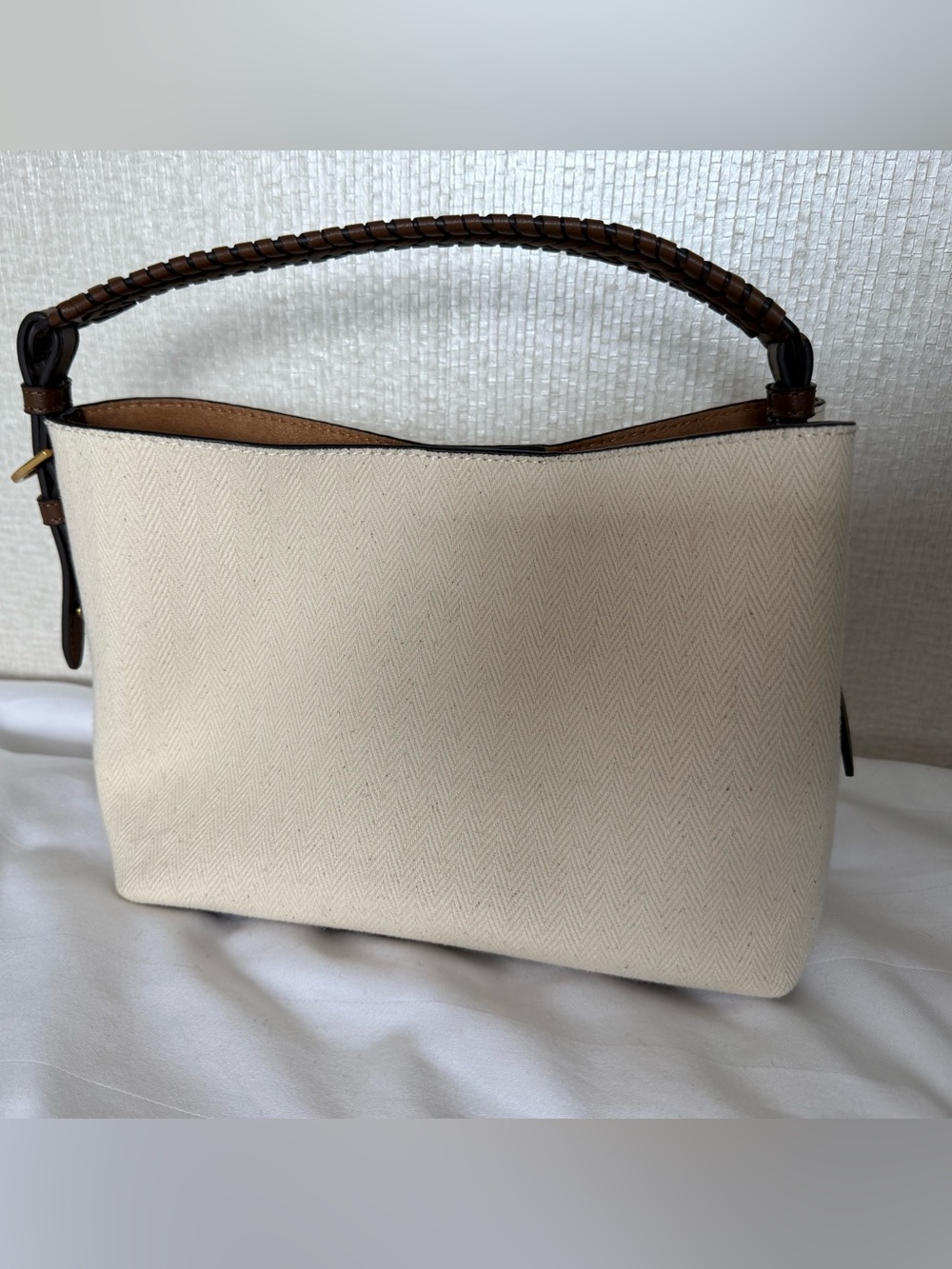 Zara Elegant Cream Canvas Crossbody Bag with Brown leather Handle and crossbody